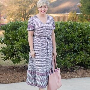 LOFT Purple and White Patterned Midi Dress